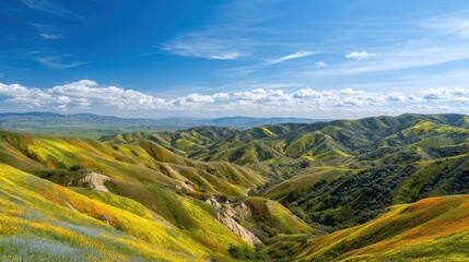 Fototapeta premium Rolling hills explode in color with wildflowers under a bright blue sky, showcasing nature's beauty and the golden landscape.