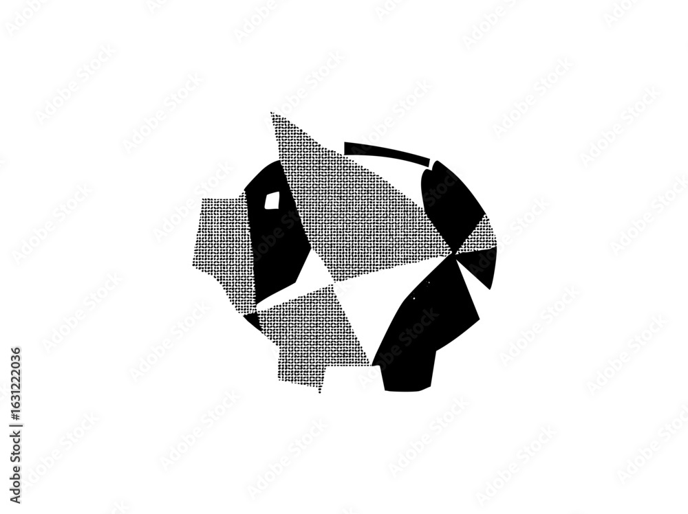 Poster vector abstract geometric sphere composed of fragmented shapes.