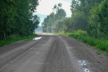 Naklejka premium gravel road in Latvia countryside. Misty shiny summer evening