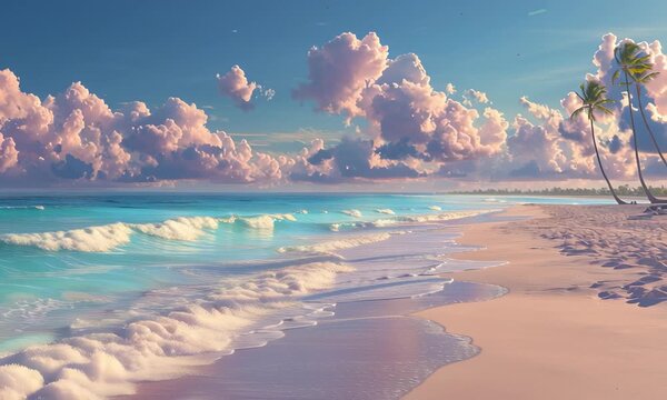 A picturesque beach scene featuring gentle waves rolling onto the shore under a cloudy blue sky above