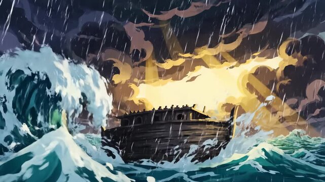 Illustration of Noah&rsquo;s Ark Battling a Massive Storm with Giant Waves and Lightning