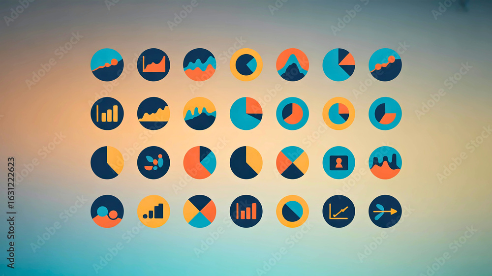 Poster a modern collection of flat design data analysis and statistics icons. set of colorful charts and gr