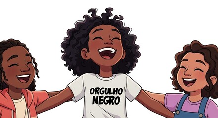 Illustration of three smiling girls embracing wearing shirts with orgulho negro text