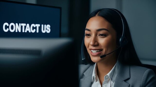 Young Woman Wearing Headset Smiling While Working In Dim Office With Contact Us On Screen - Powered by Adobe