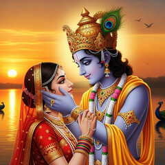 Radha Krishna loving embrace sunset Indian mythology