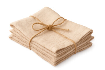 Rustic beige napkins folded neatly, bound by twine string, presenting minimalist dining decor against transparent backdrop