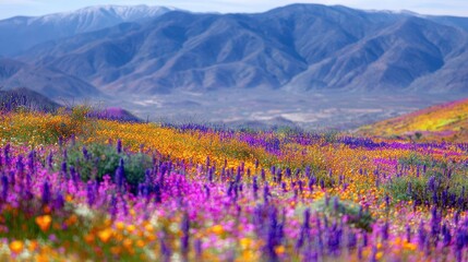 Fototapeta premium A vibrant display of wildflowers in a mountainous landscape.