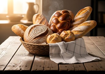 Assortment of freshly baked artisan breads in a wicker basket on a wooden table