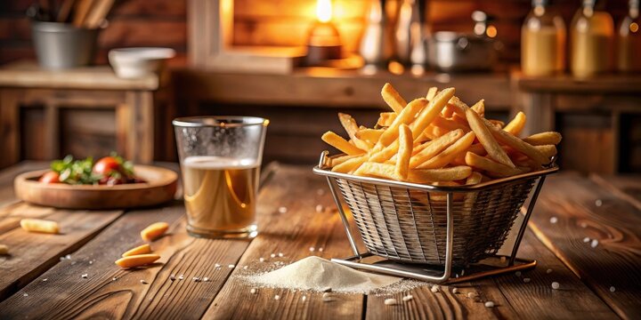 A basket of golden-brown french fries sits on a rustic wooden table, accompanied by a glass of frothy beer and a small pile of seasoning.