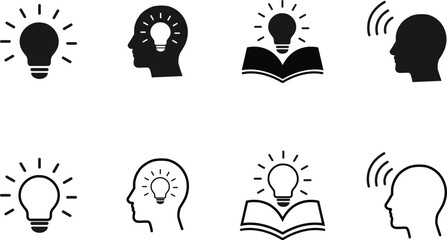 Idea and Learning Icons – Light Bulb, Head, Book, and Communication Symbols