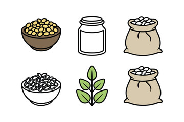Six Icons Illustrating Soybeans and Agricultural Products agriculture food
