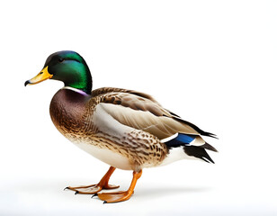 Obraz premium A mallard duck isolated on a white background. A beautiful background. mallard duck isolated on white.