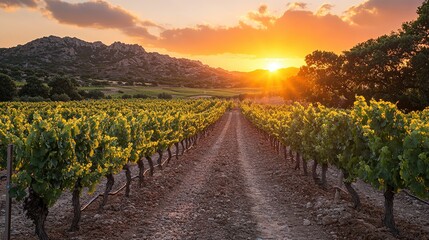 Naklejka premium Vineyard rows stretch to the horizon under a sunset sky with mountains.