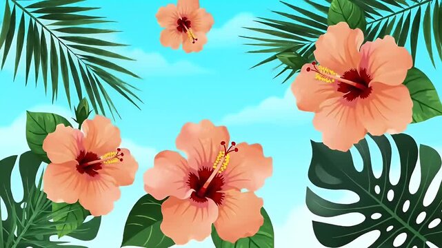 Peach Hibiscus Flowers with Lush Tropical Palm Leaves and Blue Sky in a Bright Vector Illustration for Summer