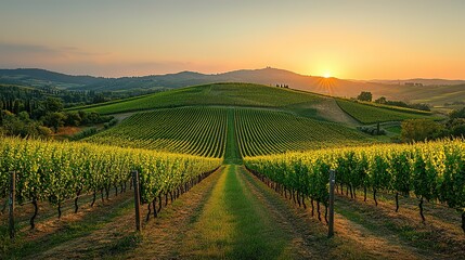 Fototapeta premium Vineyard rows lead to a hill under a bright sunset or sunrise.