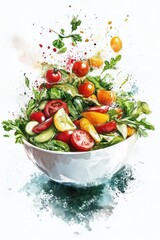 Watercolor salad explosion in a bowl