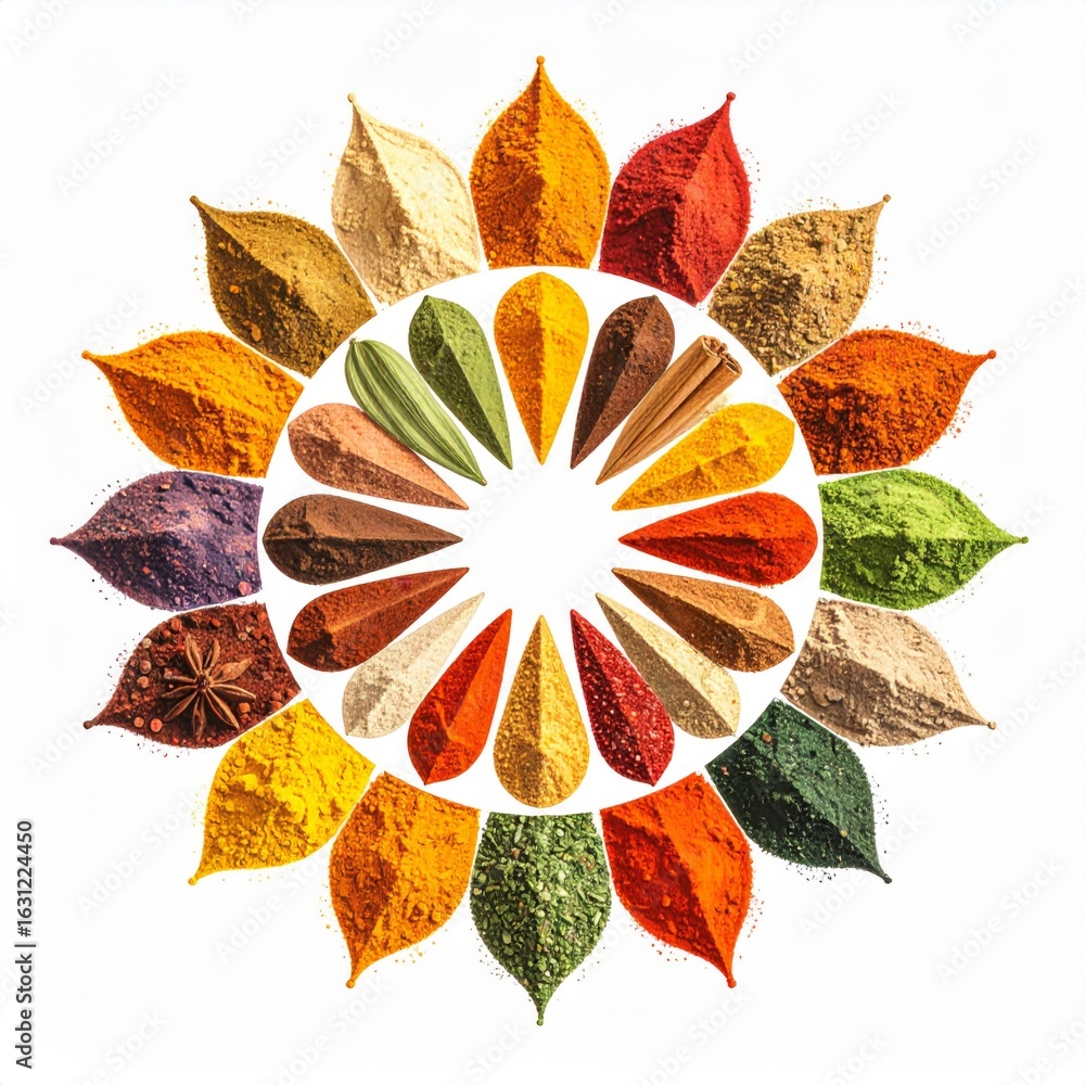 Poster colorful array of various spices and herbs arranged in a circular pattern on white background