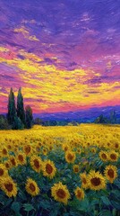 Obraz premium Sunset over a sunflower field. Vibrant colors
