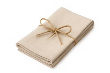 Folded beige napkin tied with rustic twine string, isolated on transparent background, ready for your design projects