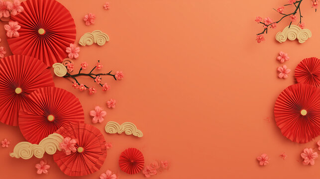 Chinese New Year, Bright red to soft peach gradient background, 3D firecrackers, cherry blossoms, red fans and cloud motifs