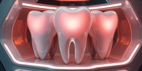 Futuristic dental concept with three glowing teeth in modern design