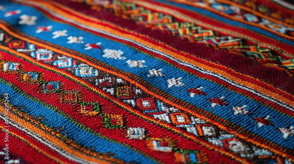 Poster close-up view of vibrant textile with intricate patterns.