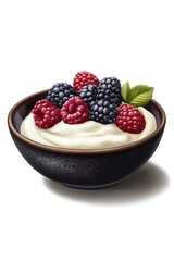 Creamy yogurt topped with fresh blackberries and raspberries in a dark bowl