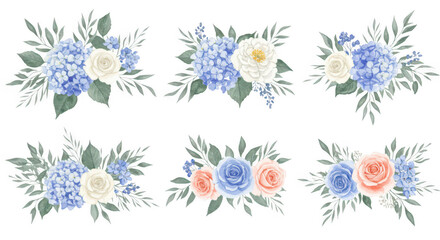 Floral Arrangements: Six elegant floral arrangements in watercolor style, showcasing a harmonious blend of hydrangeas, roses, and delicate greenery, perfect for adding a touch of botanical charm.
