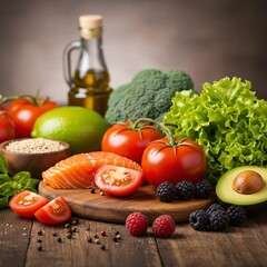 Healthy Food Assortment with Salmon and Fresh Vegetables on Wood.