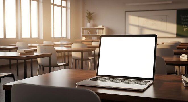 A laptop with a blank screen sits on a wooden desk in a classroom with desks and chairs visible - Powered by Adobe