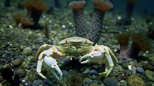 Close-up of a light-colored crab on a bed of rocks