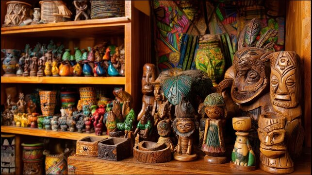Wooden crafts and decorative items displayed on shelves.