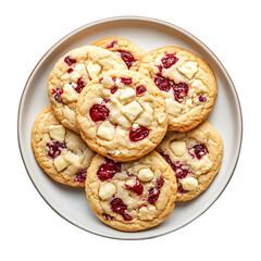 top view of cranberry white chocolate cookie in a plate isolated on transparent background