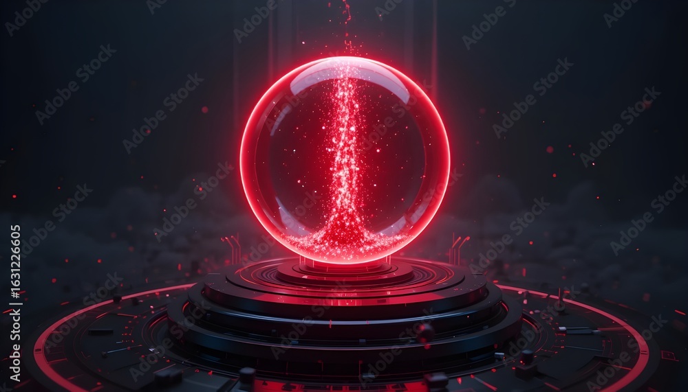 Poster a glowing red orb with particles inside sitting on a futuristic platform in a dark environment