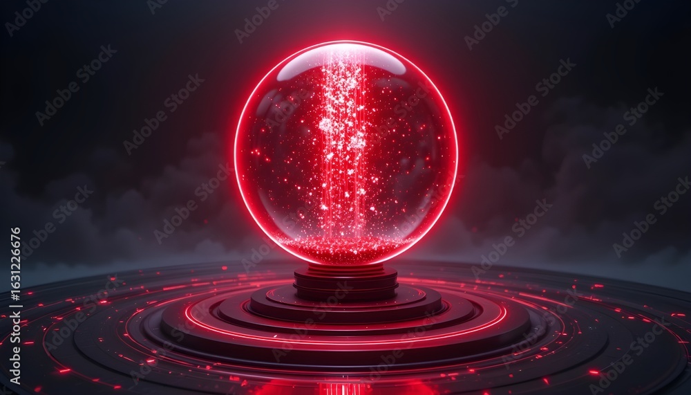 Poster a glowing red orb with internal particles resting on a circular platform with neon red accents