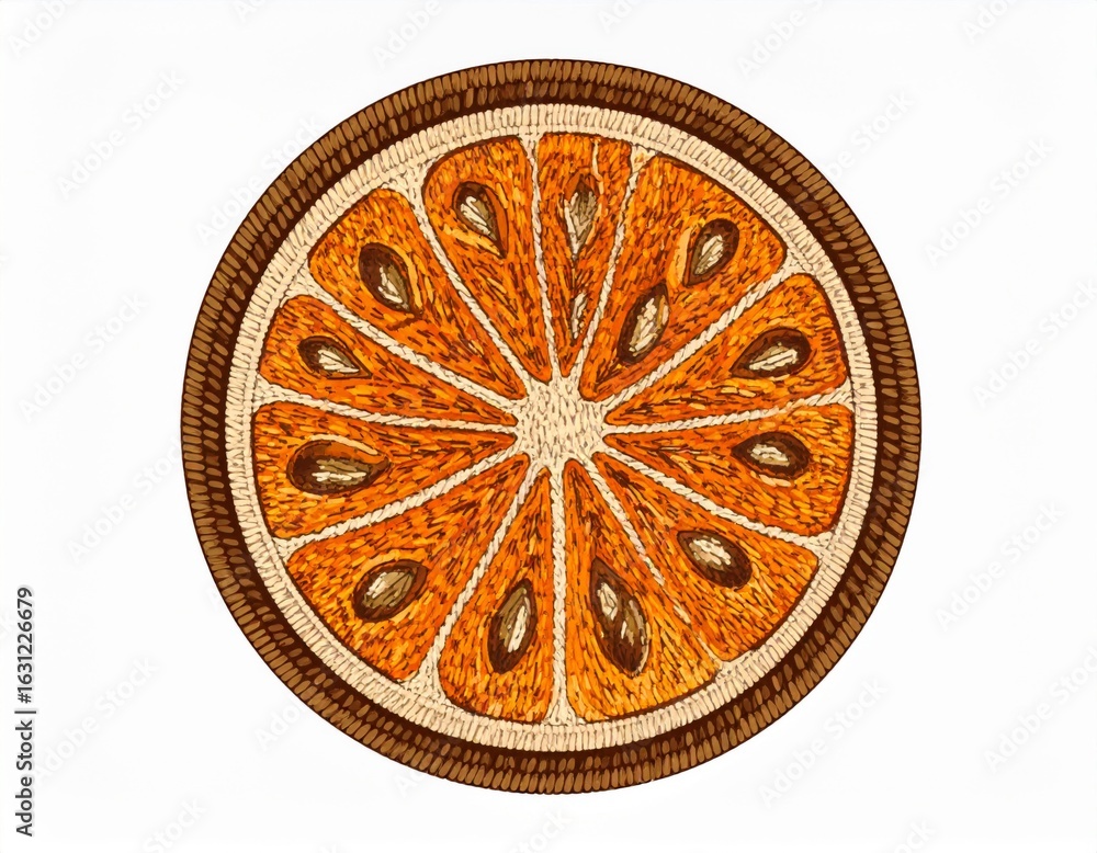 Poster top down view of a single orange slice with seeds and fibrous texture on white