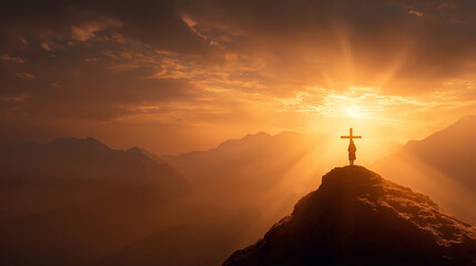 Fototapeta premium Man stand in silhouette mountain peak cross gaze peaceful sunset sky.