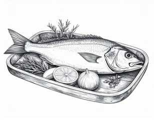 Monochrome Fish Still Life Fresh Seafood Dish with Lemons Herbs and Onions