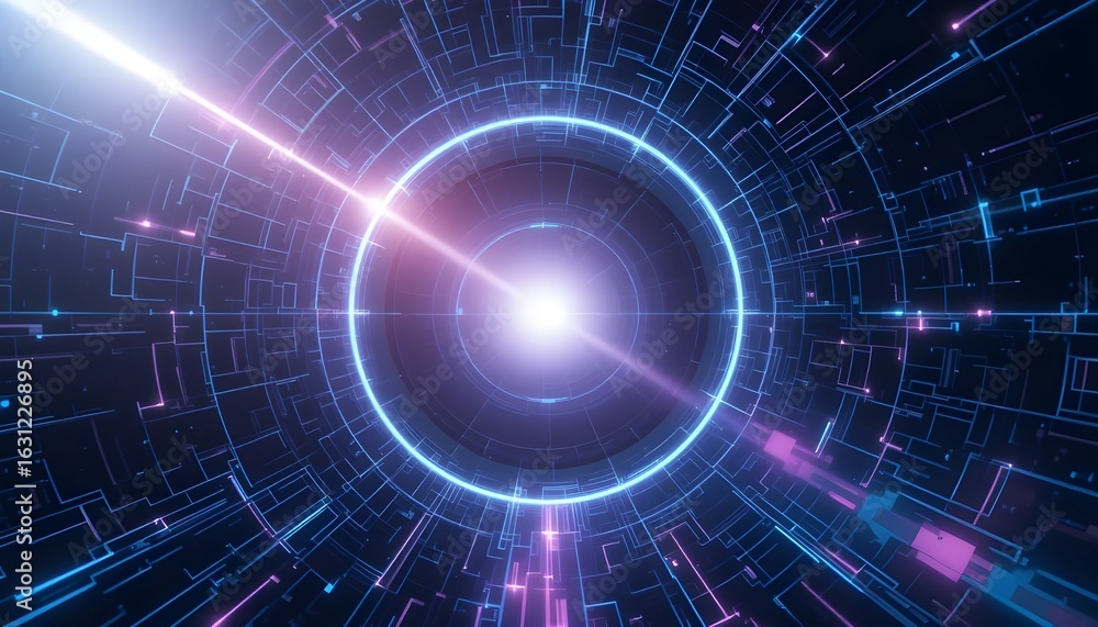 Poster abstract digital tunnel with glowing circle and light streaks in a futuristic design style