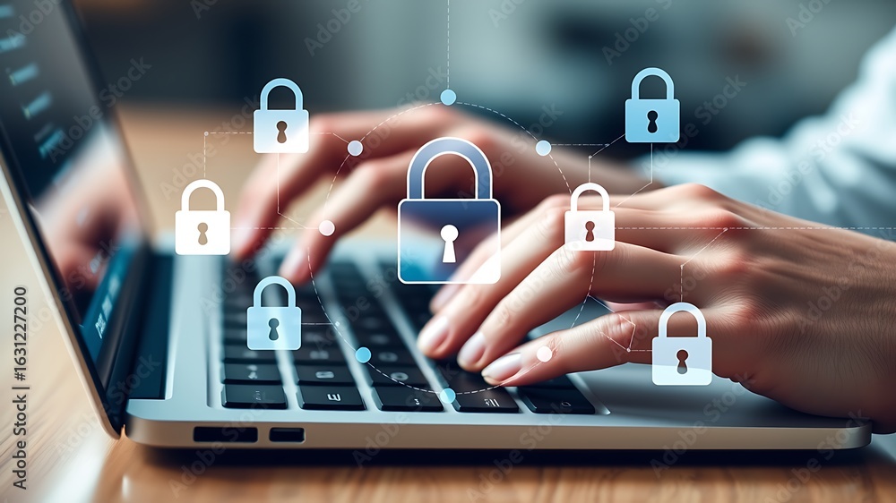 Poster securing digital data hands typing on laptop connected to network security padlocks