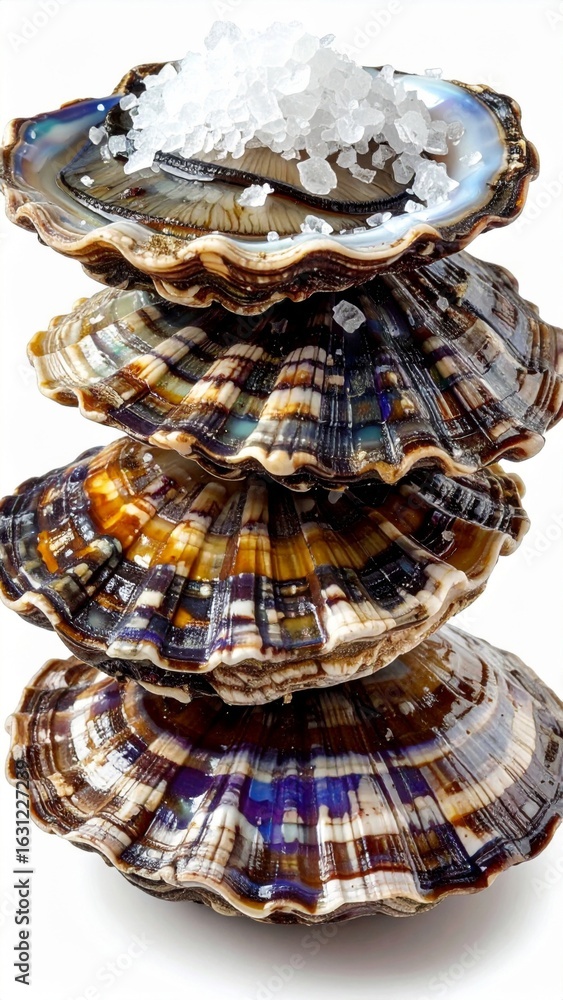 Poster stack of fresh oysters with crushed ice on top displayed against a white background