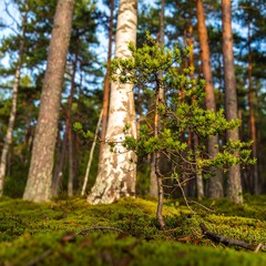 Fototapeta premium Forest scene with small tree and moss