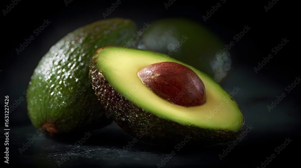 Poster sliced open avocado with visible seed against a dark background