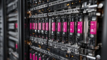 High-tech server rack with pink components, ideal for technology blogs, data center references, or startup marketing visuals.