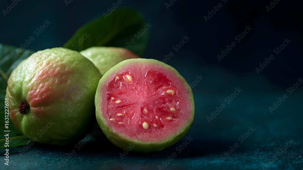 Poster Fresh guava with cross section slice showcased on a dark background