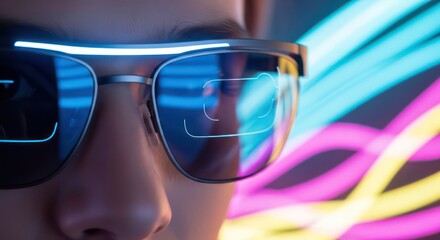 Futuristic AR Glasses with Glowing HUD and Vibrant Neon Light Reflections