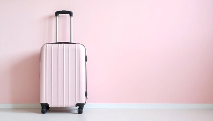 Pink suitcase stands against a pink wall