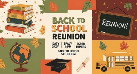 Back to school reunion invitation with books, globe, bus, and chalkboard design elements present