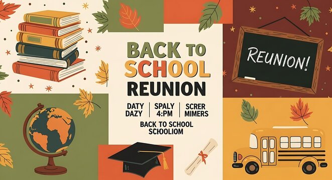 Back to school reunion invitation with books, globe, bus, and chalkboard design elements present
