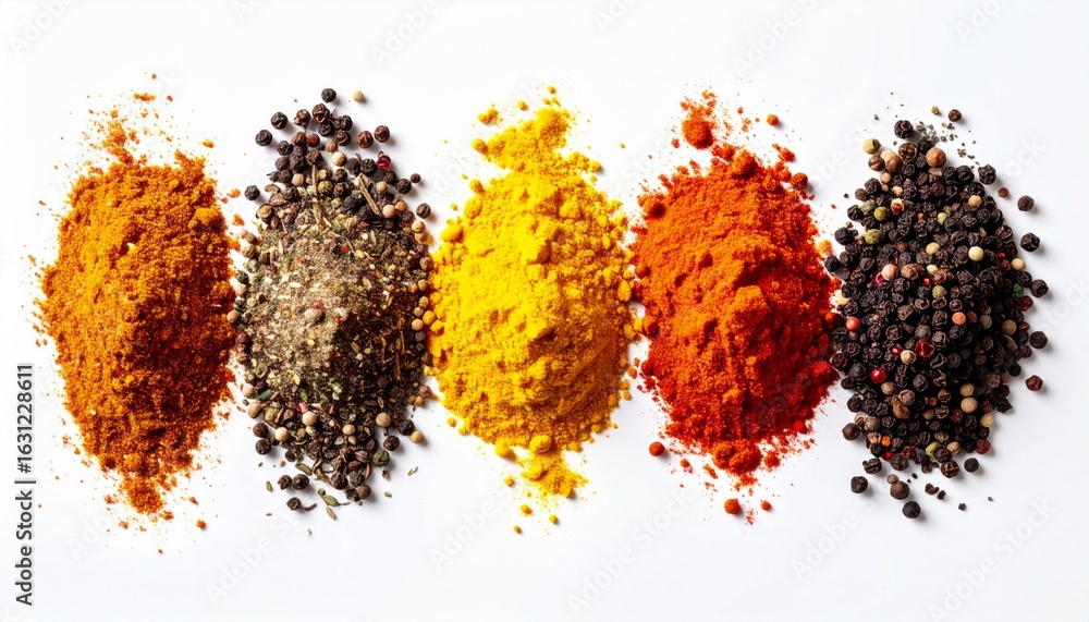 Poster assorted spices and powders in colorful piles on white background in bright studio lighting